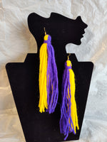 Tassel earrings, purple and yellow