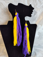 Tassel earrings, purple and yellow