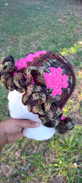 Crochet granny square hat, camo, pink, brown