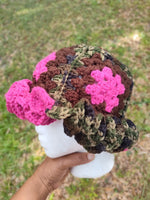 Crochet granny square hat, camo, pink, brown