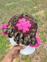 Crochet granny square hat, camo, pink, brown