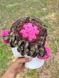 Crochet granny square hat, camo, pink, brown