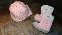 Pink crochet firefighter hat and boots set, 2 pc