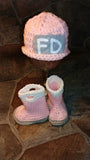 Pink crochet firefighter hat and boots set, 2 pc