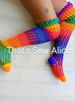 Rainbow thigh high crochet socks