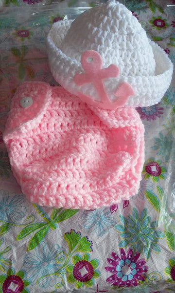 Pink and white sailor crochet diaper set