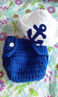 Blue and white sailor crochet diaper set