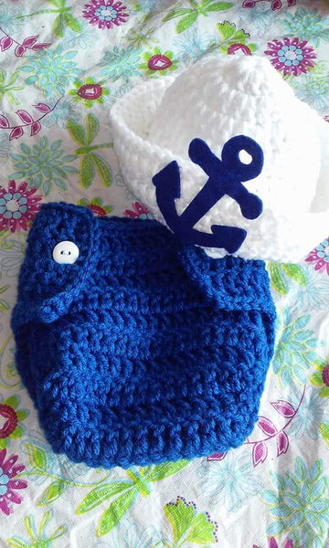 Blue and white sailor crochet diaper set