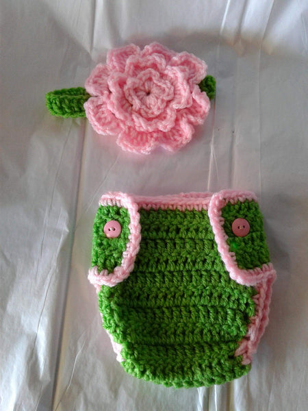 Crochet lime and  pink flower diaper set
