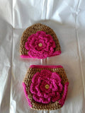 Crochet tan and hot pink flower diaper set