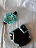 Crochet brown and mint flower diaper set