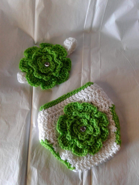 Crochet white and lime flower diaper set