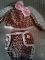 Crochet tan and white bunny diaper set with bow