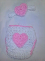 Crochet heart headband diaper set