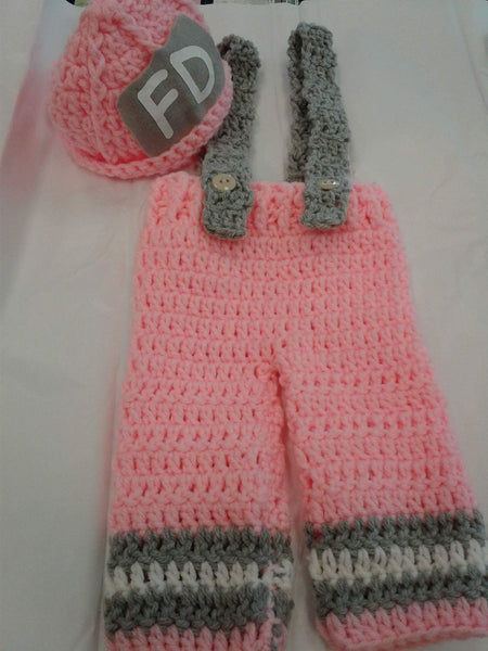 Pink crochet firefighter pants set
