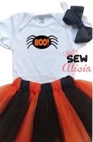 BOO spider Halloween onesie, bow and tutu set