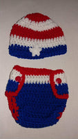 Red, white and blue crochet hat and diaper cover