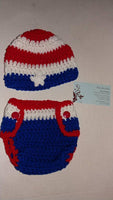 Red, white and blue crochet hat and diaper cover