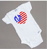 Red, white and blue Heart flag monogram baby onesie