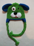 Crochet puppy face hat, lime and blue