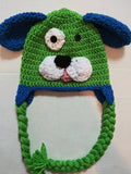Crochet puppy face hat, lime and blue