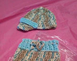 Newborn boy's hat and pants set, light blue camouflage