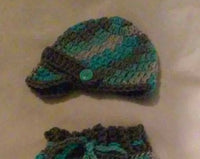 Newborn boy's hat and pants set, turquoise and grey multi color