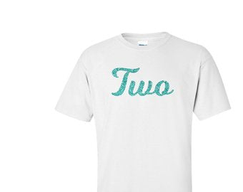 TWO aqua glitter design birthday t-shirt