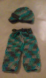 Newborn boy's hat and pants set, turquoise and grey multi color