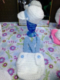 Newborn  boy cap and suspender set, light blue and white