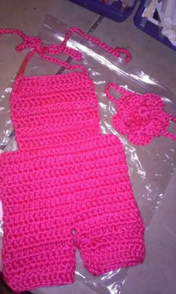 Baby romper, crochet, hot pink