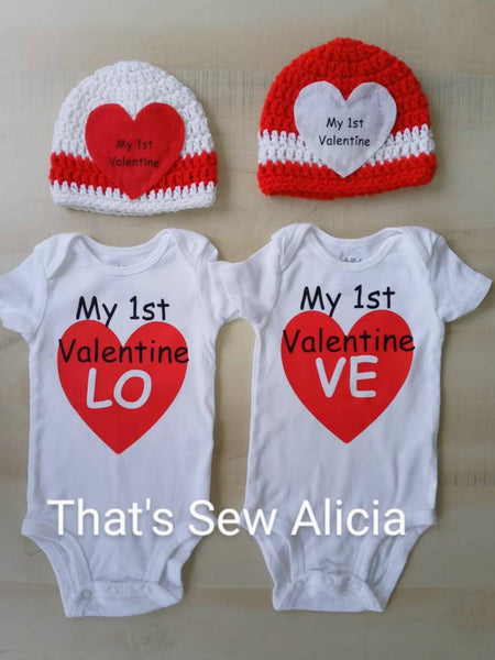 My 1st Valentine's day baby bodysuit and matching crochet hats